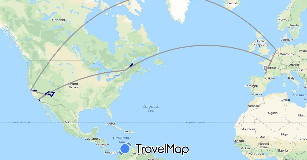 TravelMap itinerary: driving, plane, boat in Canada, France, Netherlands, United States (Europe, North America)